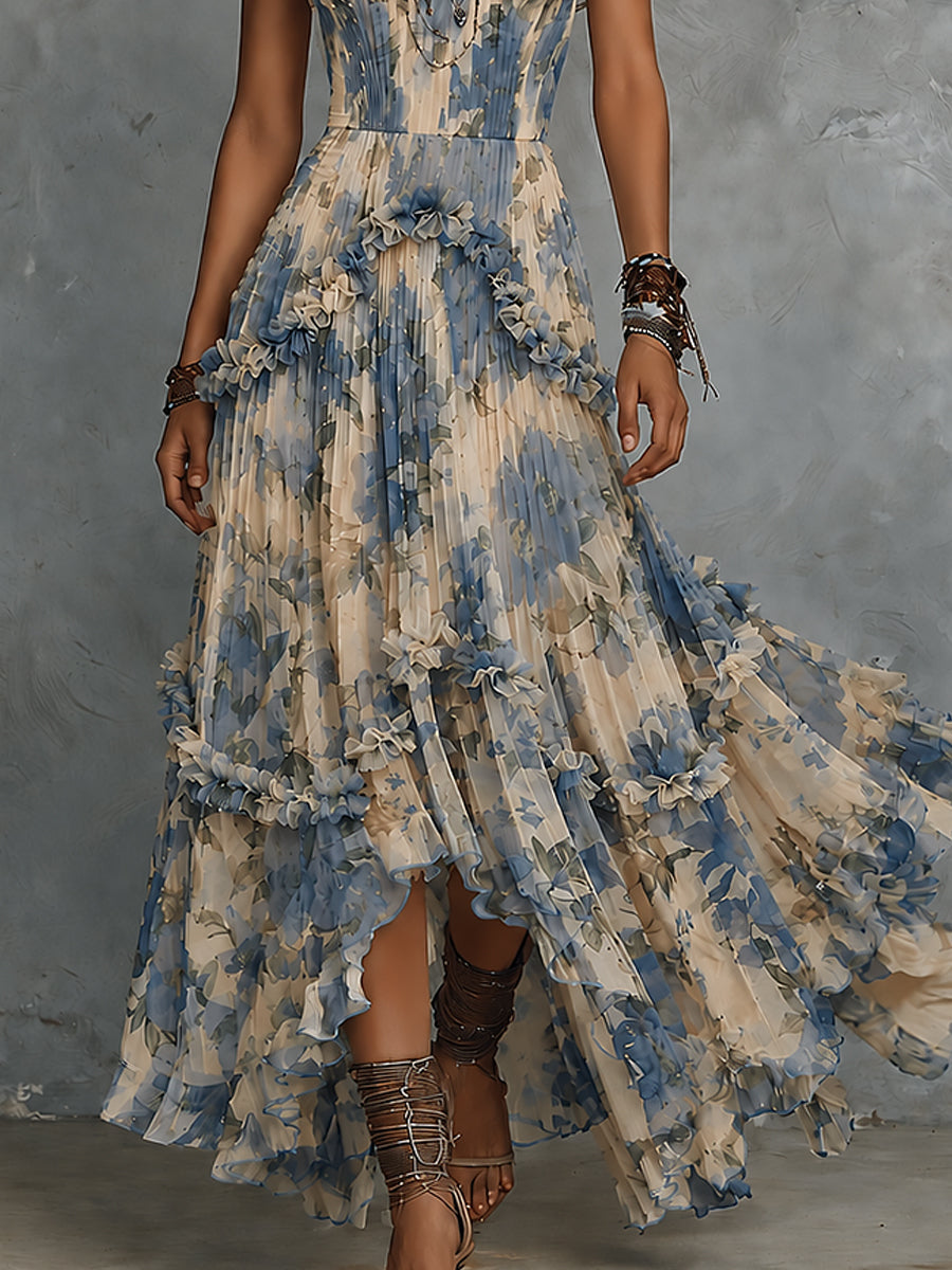 Noelia | Elegante vestido largo de chifón estampado sin tirantes con volantes