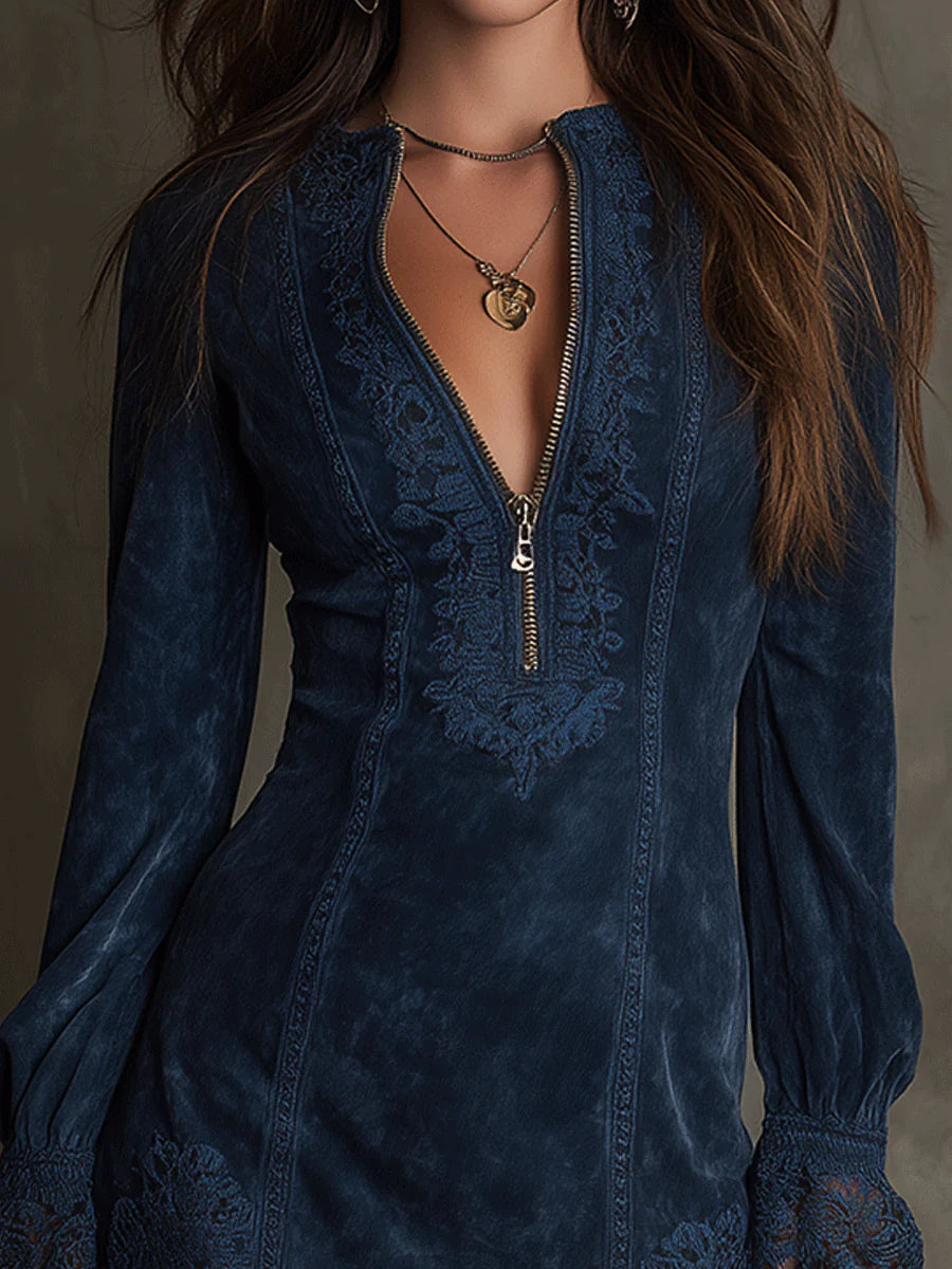 Azulena | Vestido mini vintage de ante con encaje