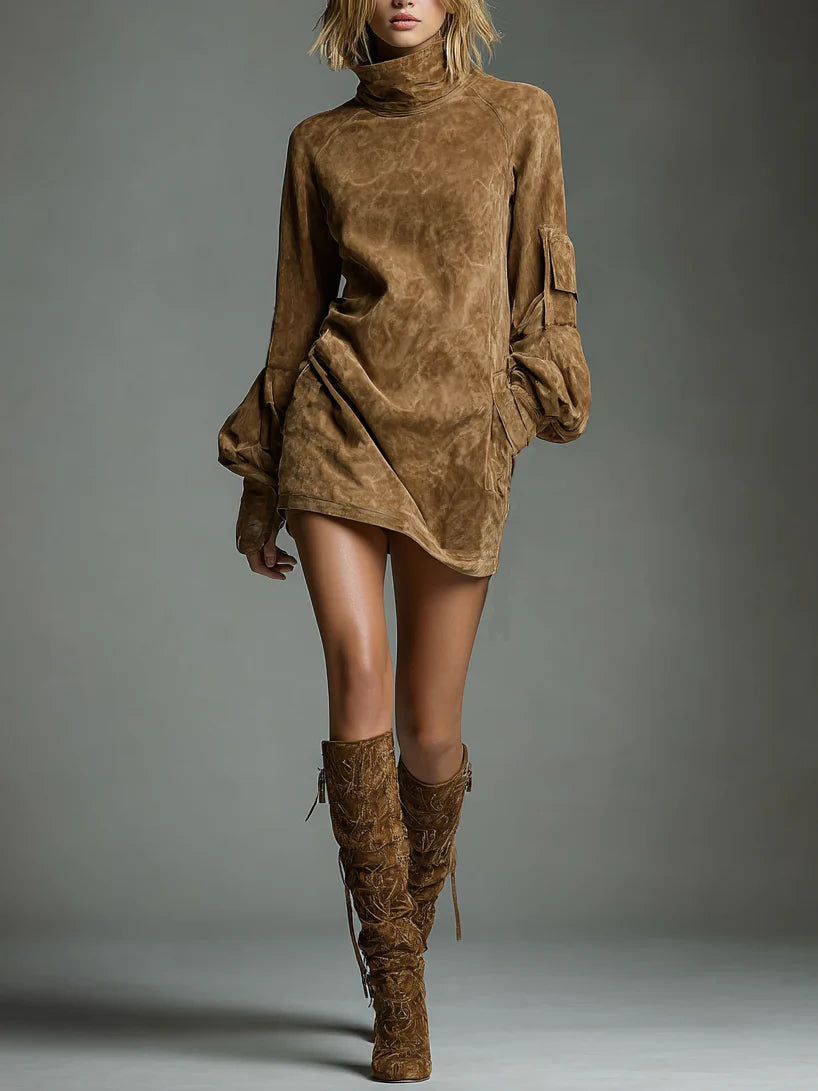 Beli · Minivestido holgado de ante con cuello alto