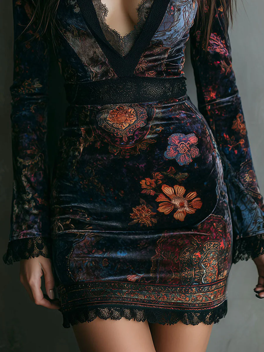 Liora | Mini vestido floral de terciopelo con encaje