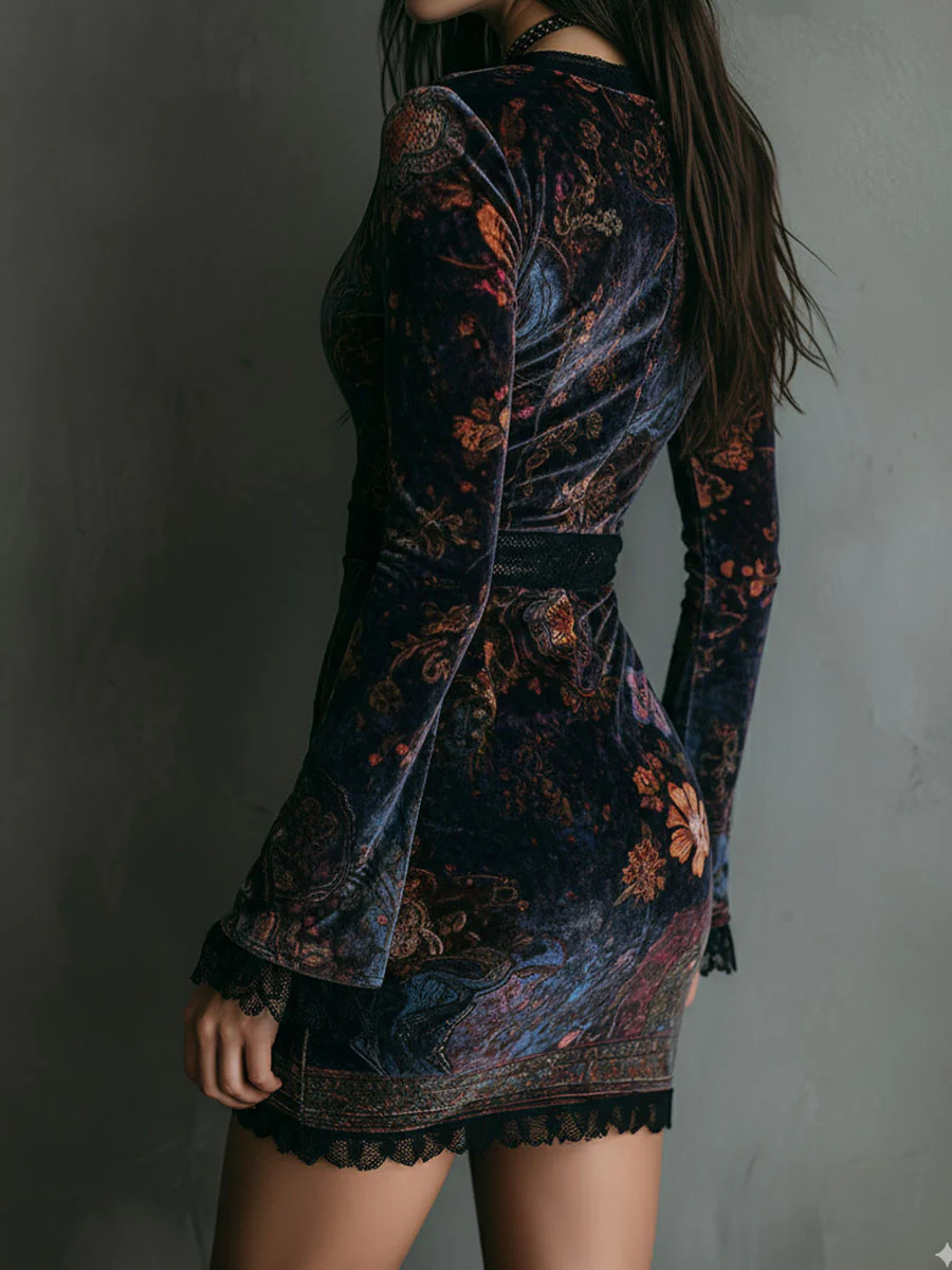 Liora | Mini vestido floral de terciopelo con encaje