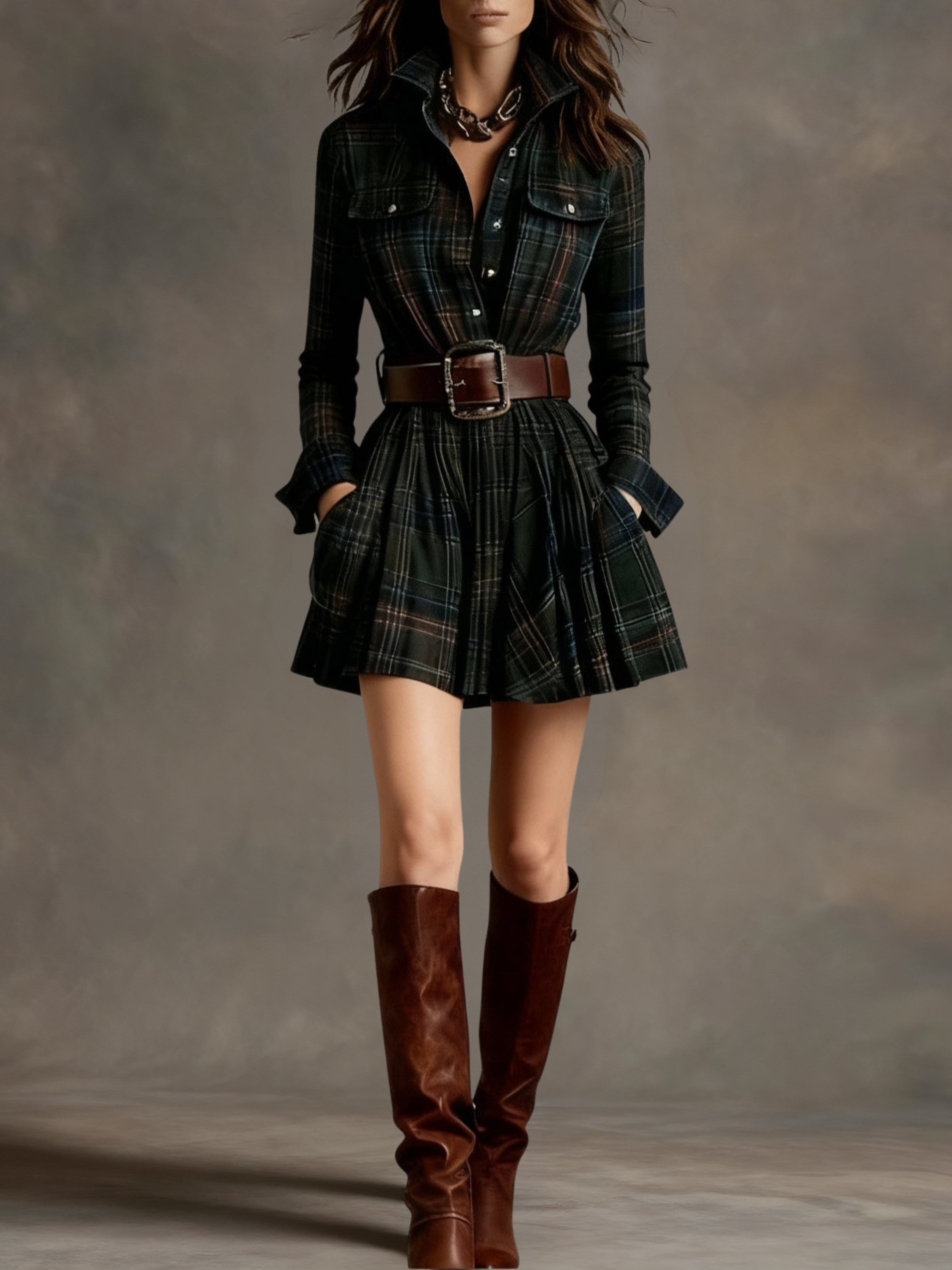 Bárbara | Vestido corto camisero de cuadros vintage