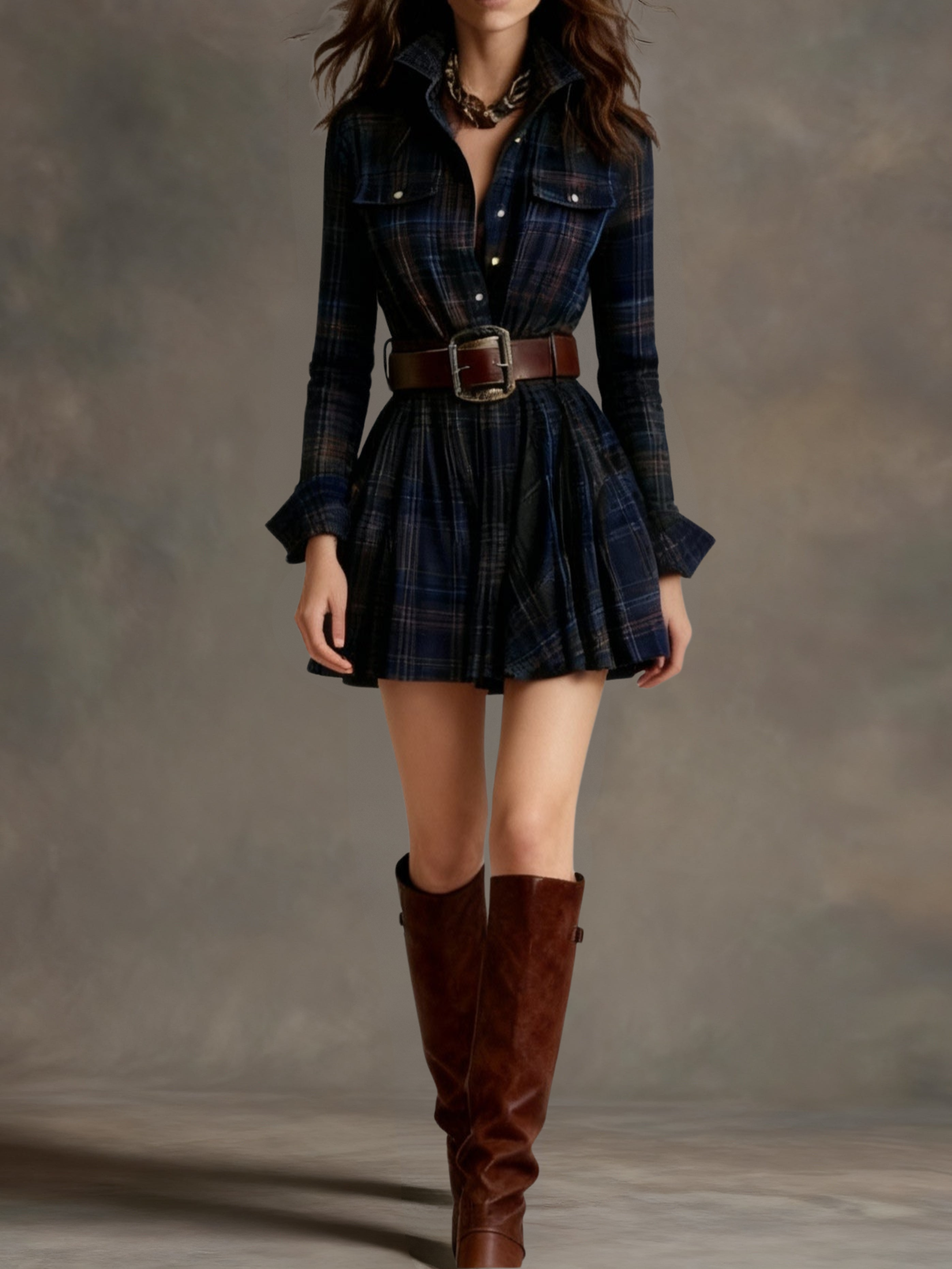 Bárbara | Vestido corto camisero de cuadros vintage
